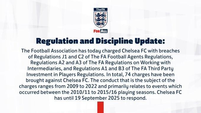 赛程分析-官方：英足总对切尔西提起74项指控，涉及后者09-22年间行为